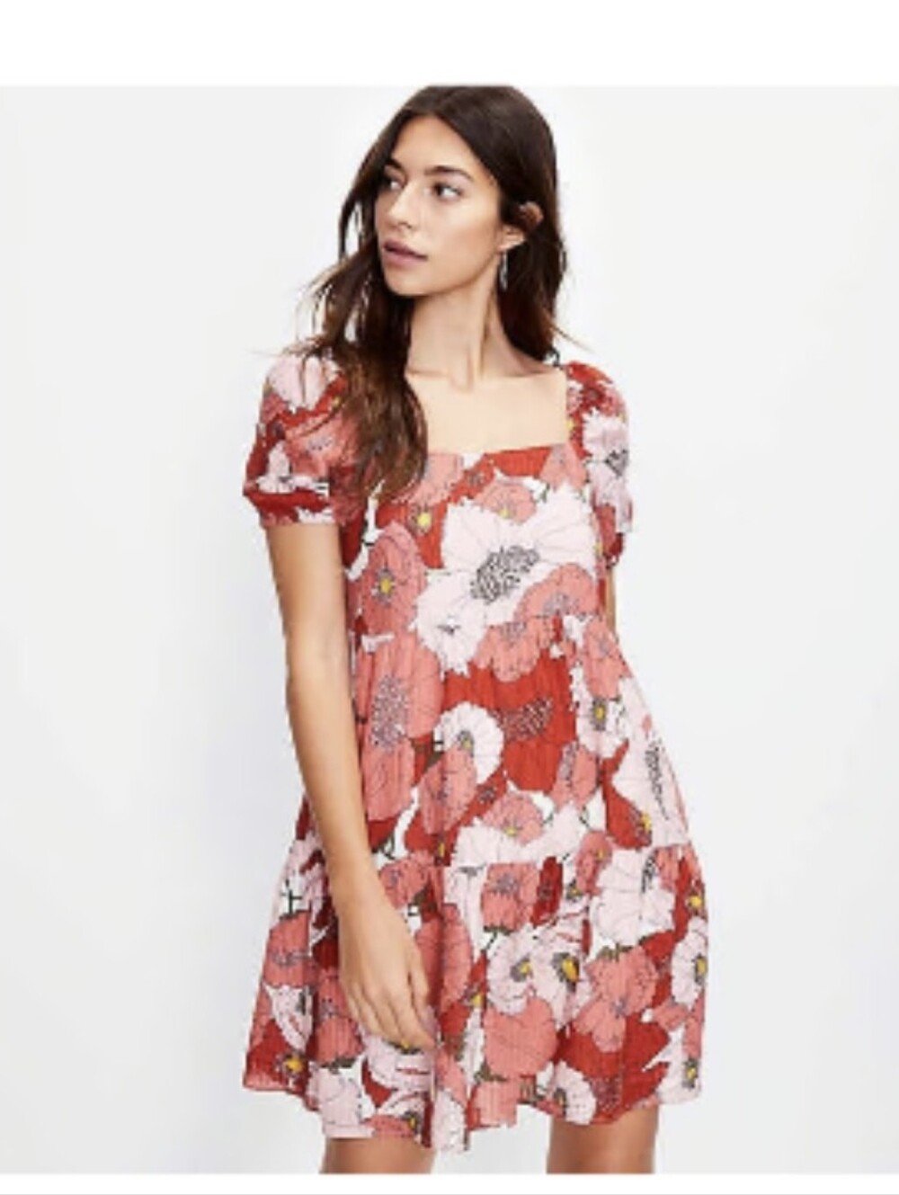 Loft Poppy Floral Tiered Mini Dress Pink Red Square Neck Puff Sleeve Size 4P